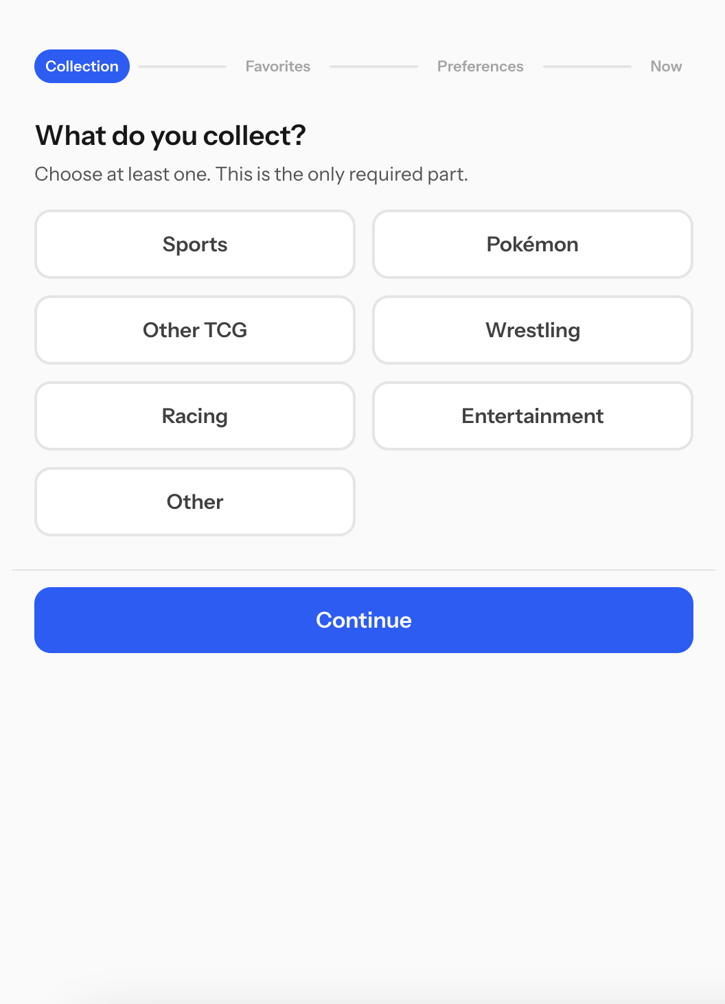 HobbyIndex collector preference wizard showing category selection
